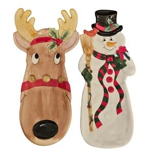 Vintage Fitz & Floyd 13" Snack Therapy‎ Christmas Holiday Reindeer Snowman Trays